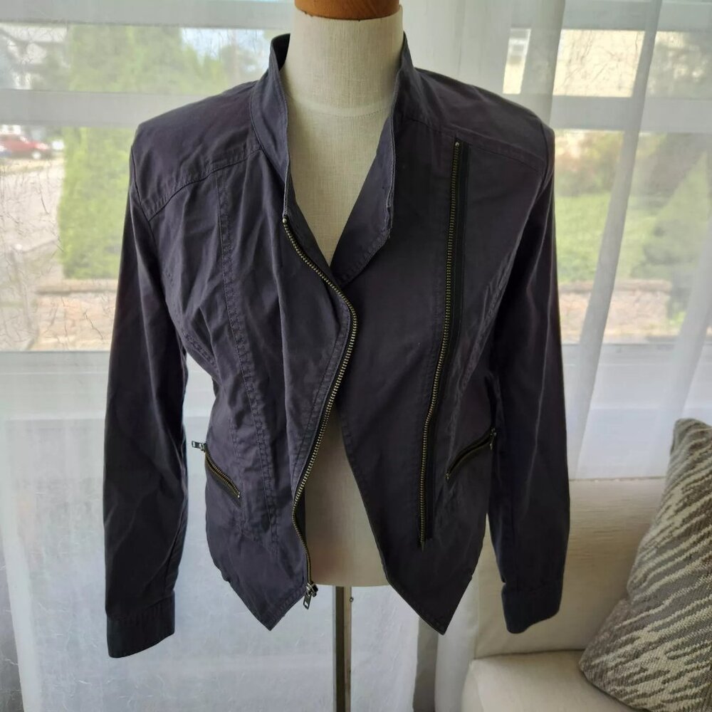 CABI XS Twilight Moto Jacket Cotton Stretch Zipper Gray Pockets Cropped Snaps
